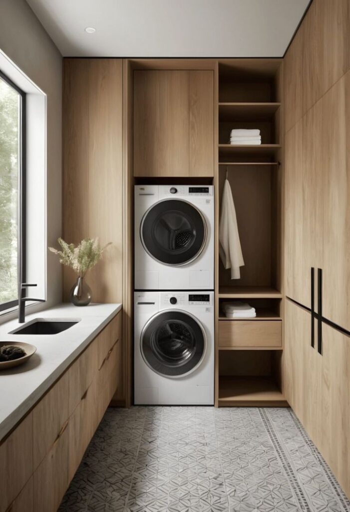 Modern woodgrain laundry with stackable washer and dryer, custom cabinetry, and clean, functional design