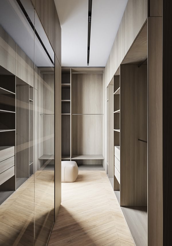 Large woodgrain walk-in wardrobe featuring hanging space, drawers, and open shelving for organised storage