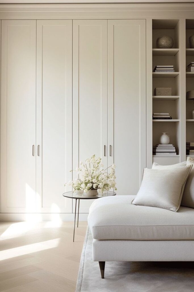 Country-style wardrobe with white vinyl-wrapped doors and decorative crown moulding