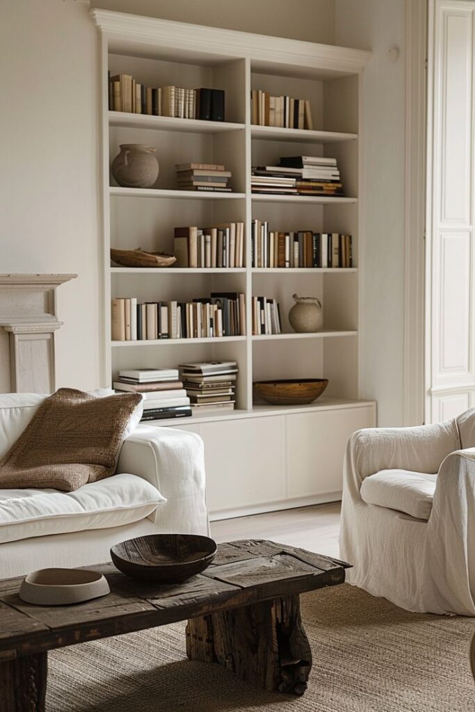 Built-in living room bookshelf with classic crown moulding and custom shelving
