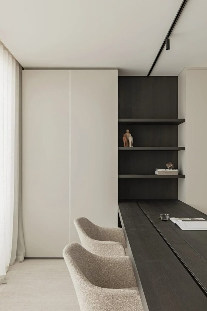 Black woodgrain home office with push-to-open cabinet doors and open shelving